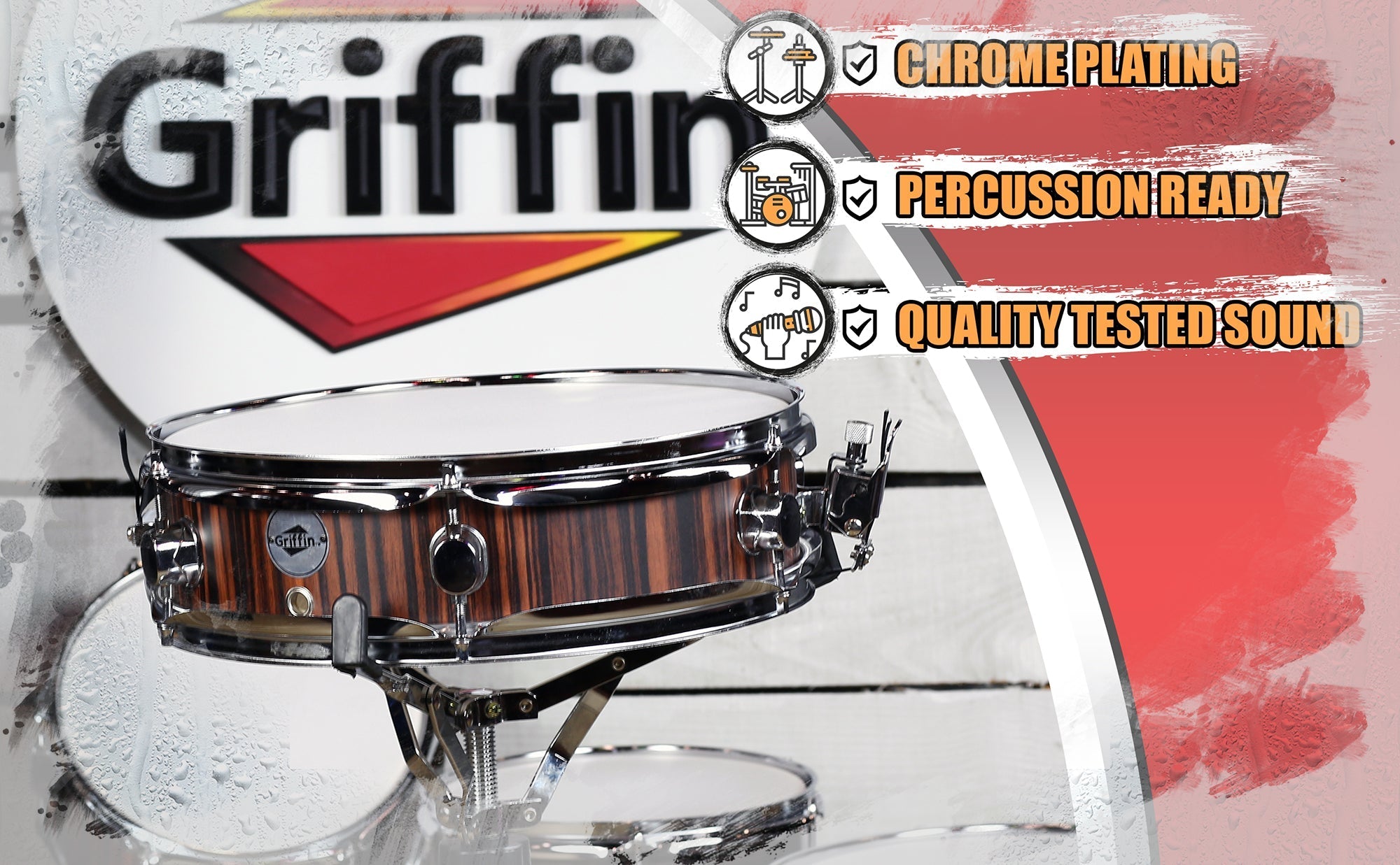 Piccolo Snare Drum 13" x 3.5" by GRIFFIN - 100% Poplar Wood Shell with Black Hickory Finish & Coated Drum Head - Drummers Deluxe Percussion GeekStands.com