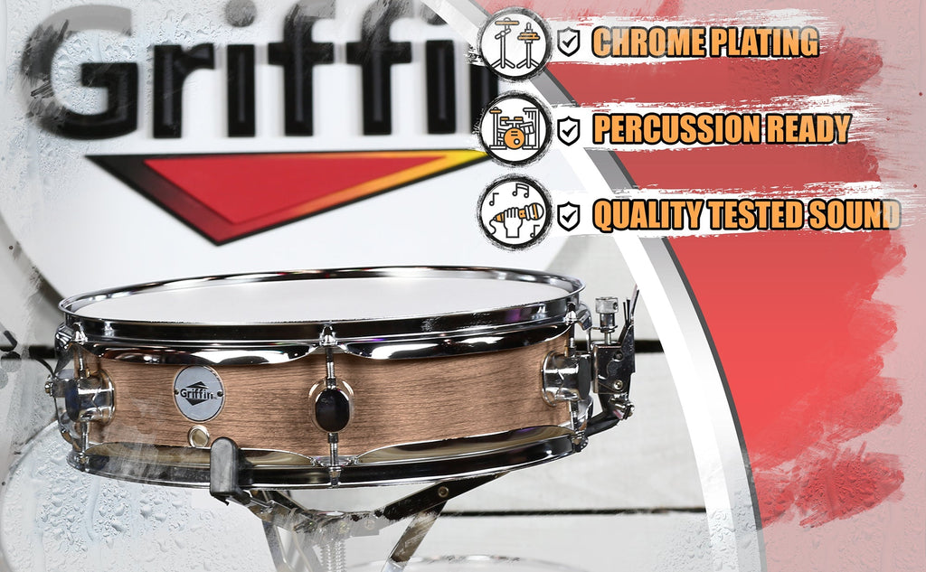 Piccolo Snare Drum 13" x 3.5" by GRIFFIN - 100% Poplar Shell with Oak Wood Finish & Coated Drum Head - Professional Marching Drummers Percussion GeekStands.com
