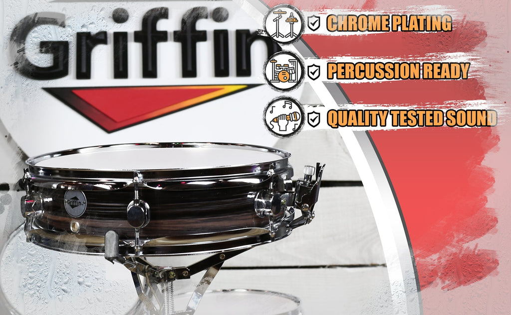 Piccolo Snare Drum 13" x 3.5" by GRIFFIN - 100% Poplar Wood Shell with Zebra Wood Finish & Coated Drum Head - Marching Drummers Percussion GeekStands.com