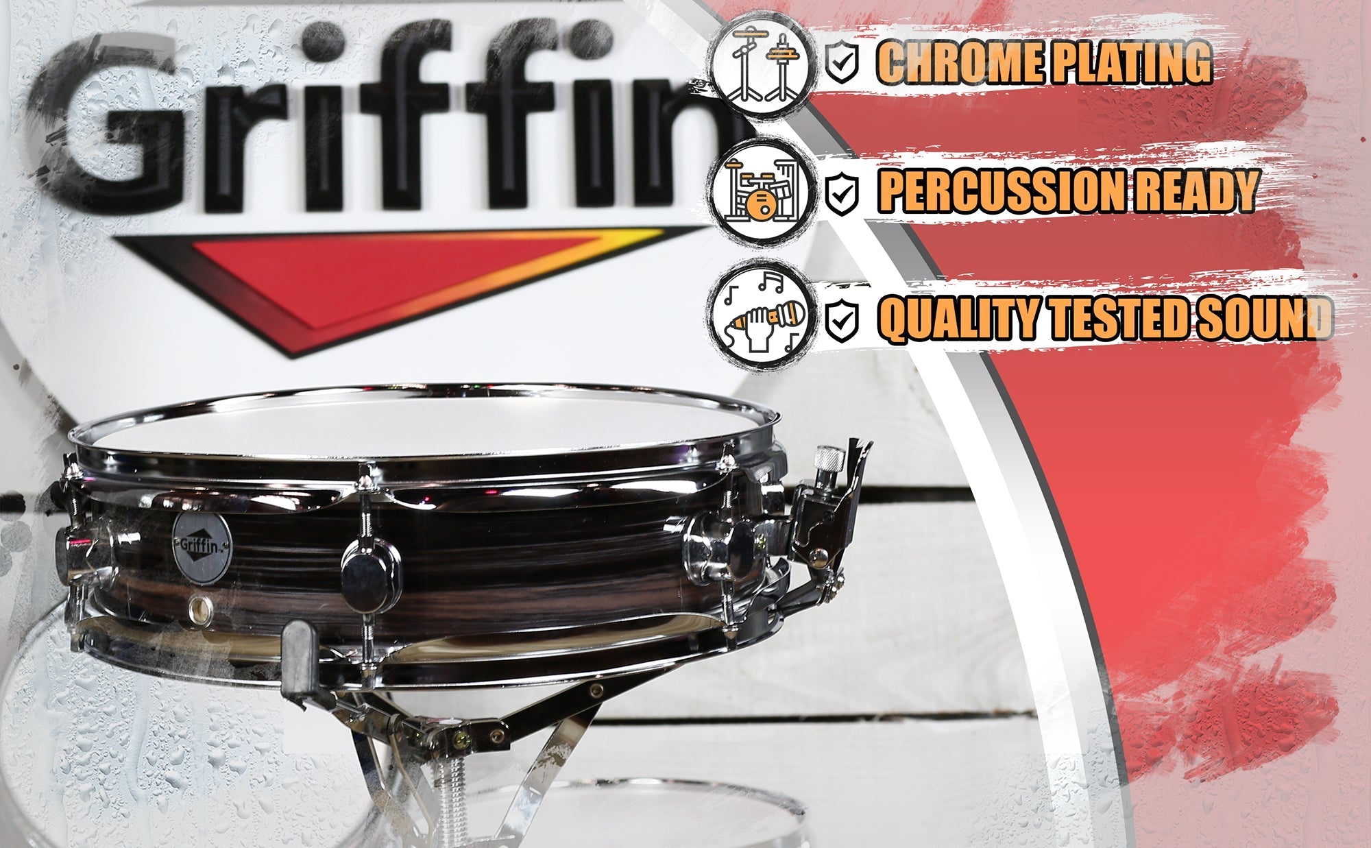Piccolo Snare Drum 13" x 3.5" by GRIFFIN - 100% Poplar Wood Shell with Zebra Wood Finish & Coated Drum Head - Marching Drummers Percussion GeekStands.com