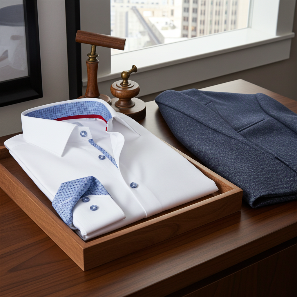 Edward// // Cotton Knit-Stretch Button-Up Shirt With Contrast Details // White // Tailored Fit (Fitted) LEVINAS® Official