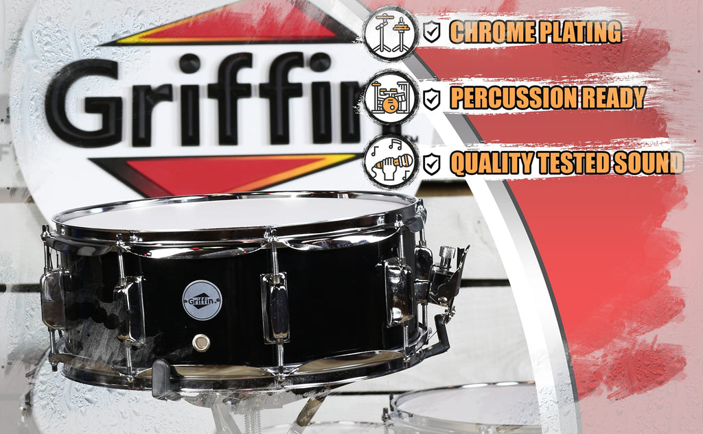 GRIFFIN Snare Drum | Poplar Wood Shell 14" x 5.5" with Black PVC & Coated Head | Acoustic Marching Percussion Musical Instrument Set with Drummers Key, 8 Metal Tuning Lugs & Snare Strainer Throw Off GeekStands.com