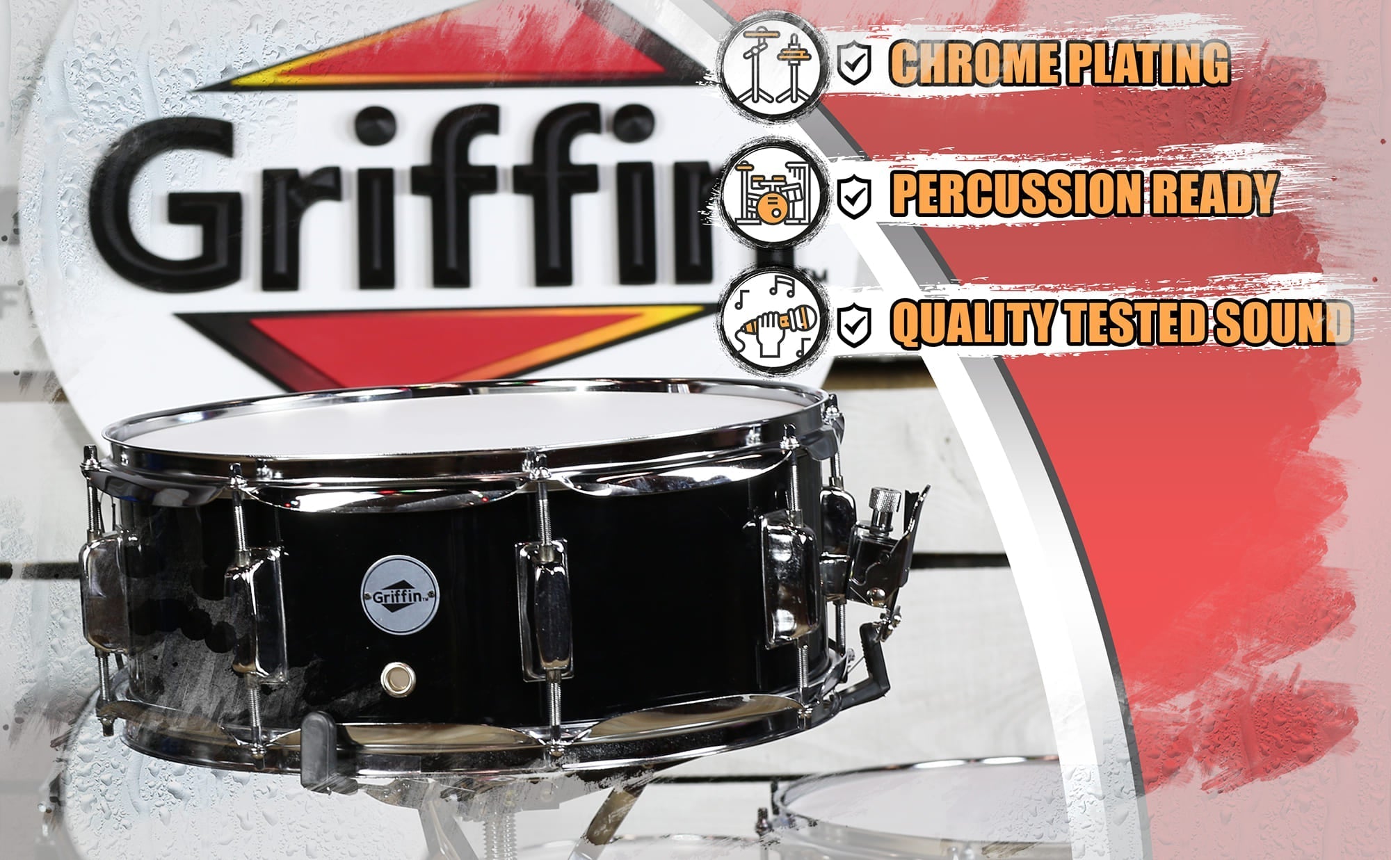 GRIFFIN Snare Drum | Poplar Wood Shell 14" x 5.5" with Black PVC & Coated Head | Acoustic Marching Percussion Musical Instrument Set with Drummers Key, 8 Metal Tuning Lugs & Snare Strainer Throw Off GeekStands.com