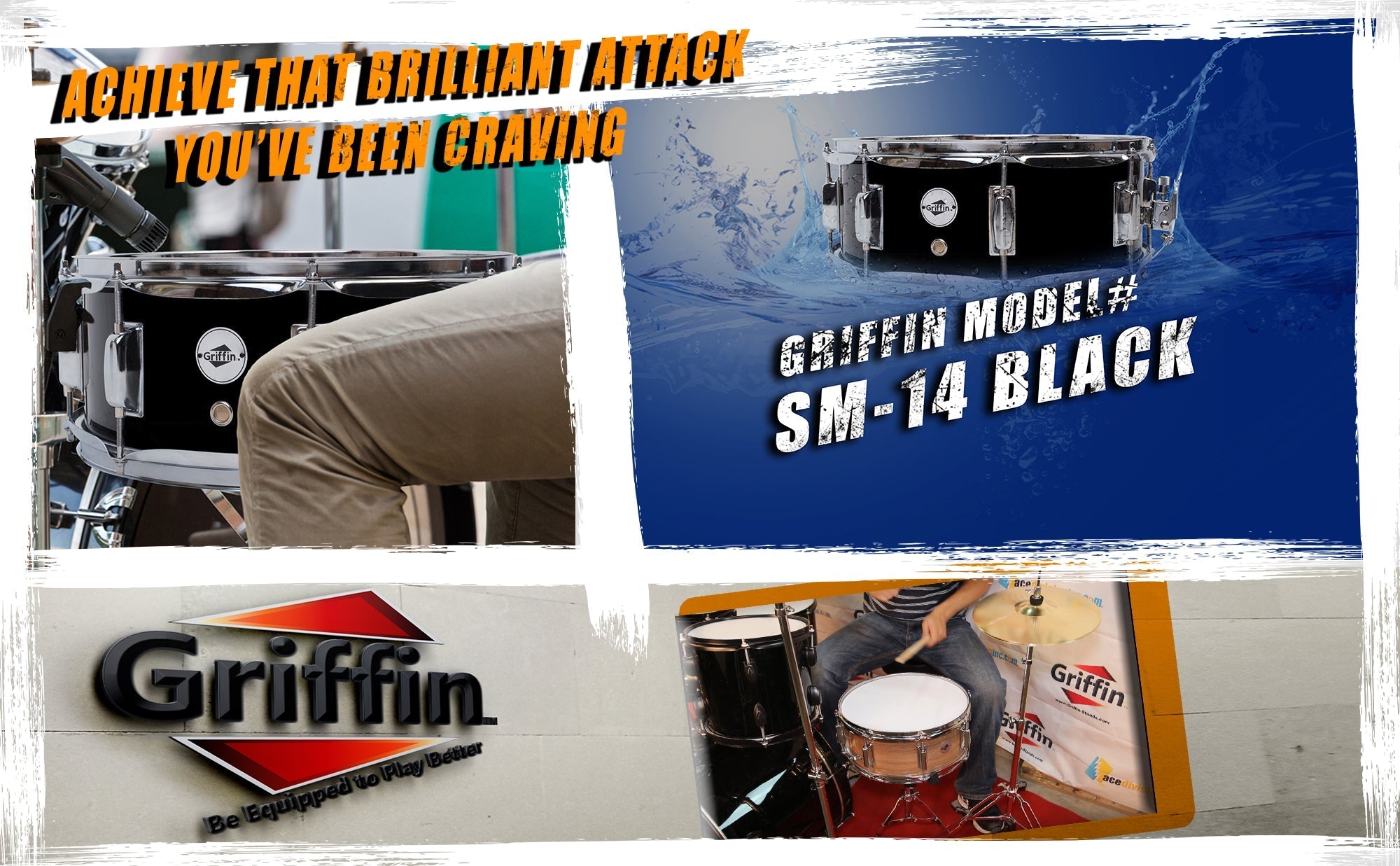 GRIFFIN Snare Drum - Poplar Wood Shell 14" x 5.5" with Black PVC & Coated Head - Acoustic Marching Percussion Musical Instrument Set with Drummers Key GeekStands.com