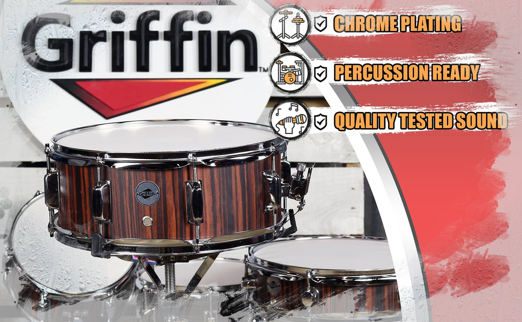 Snare Drum by GRIFFIN - 14" x 5.5"  Black Hickory PVC & Coated Head on Poplar Wood Shell - Acoustic Marching Percussion Instrument Set, Drummers Key GeekStands.com