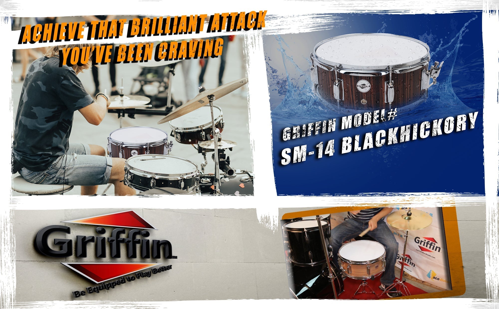 Snare Drum by GRIFFIN - 14" x 5.5"  Black Hickory PVC & Coated Head on Poplar Wood Shell - Acoustic Marching Percussion Instrument Set, Drummers Key GeekStands.com