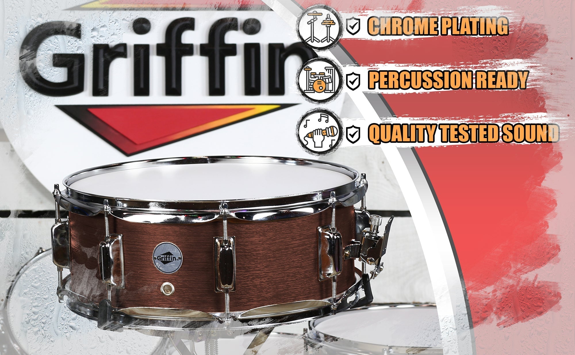 GRIFFIN Snare Drum - Poplar Wood Shell 14" x 5.5" with Flat Hickory PVC - 8 Metal Tuning Lugs & Snare Strainer Throw Off - Percussion Instrument Kit GeekStands.com