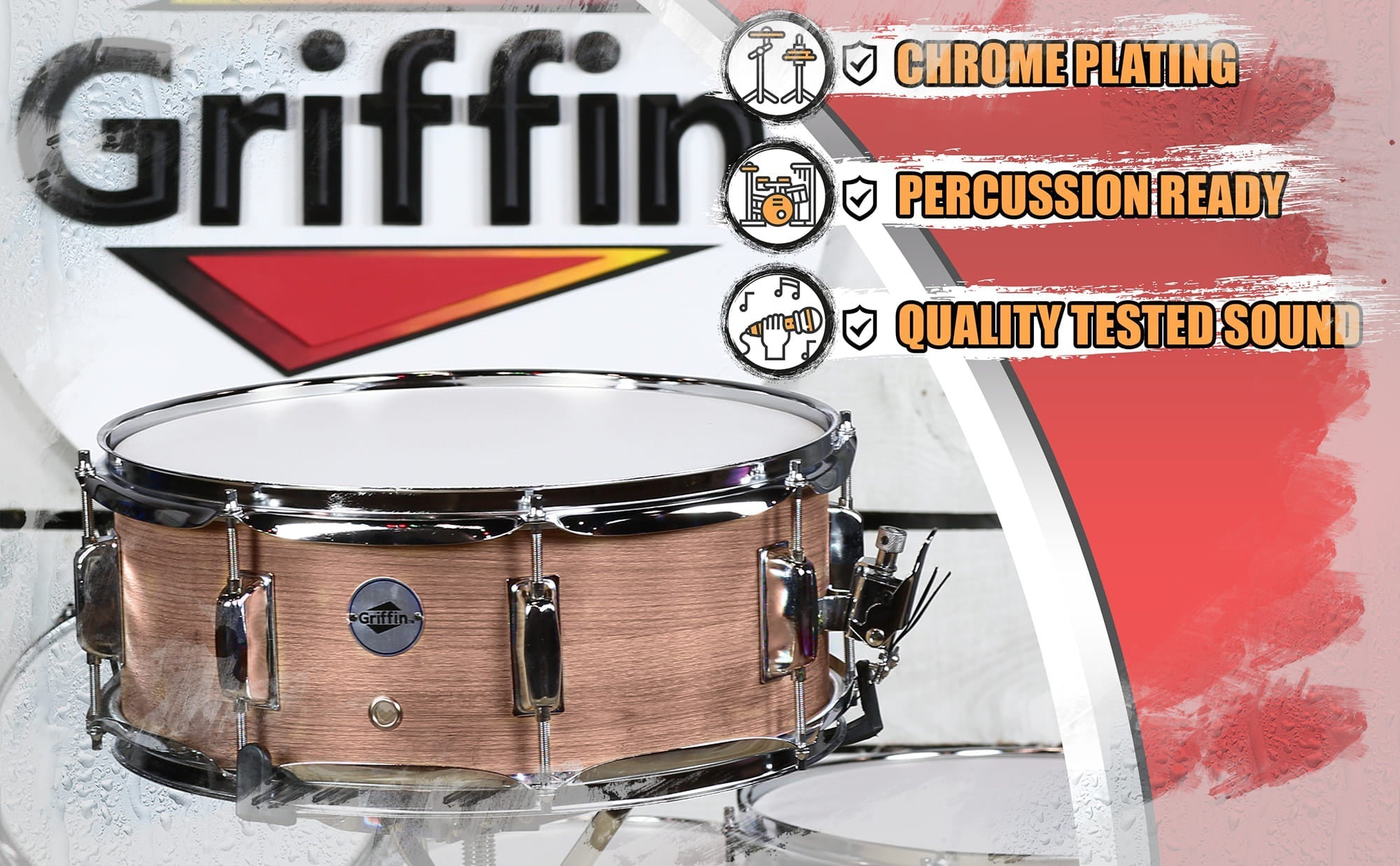 Oak Wood Snare Drum by GRIFFIN | PVC on Poplar Wood Shell 14" x 5.5" | Percussion Musical Instrument with Drummers Key for Students & Professionals|8 Tuning Lugs & Deluxe Snare Strainer GeekStands.com