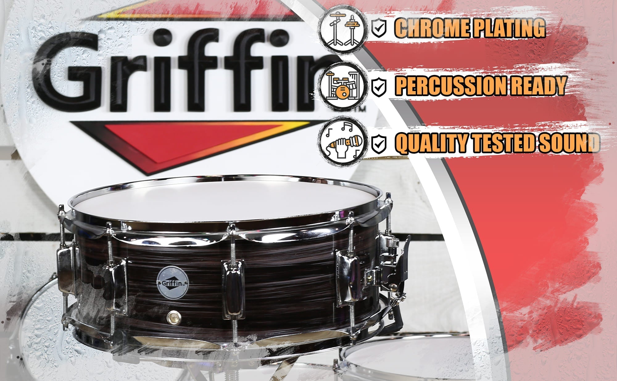 Deluxe Snare Drum by GRIFFIN | 14" x 5.5" Poplar Wood Shell with Zebra PVC Glossy Finish | Percussion Musical Instrument with Drummers Key for Students & Professionals | 8 Tuning Lugs & Snare Strainer GeekStands.com