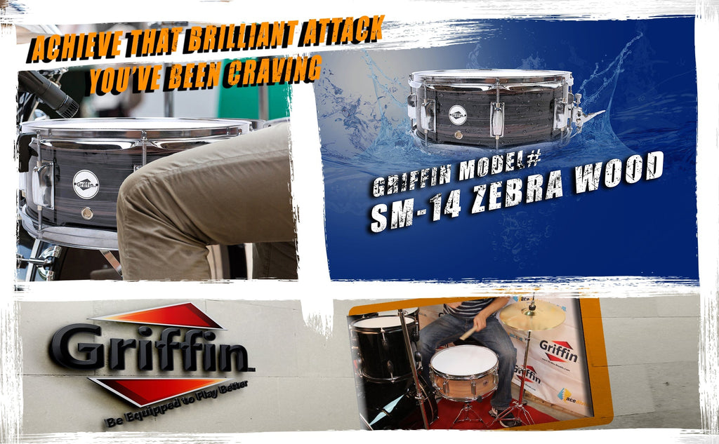 Snare Drum by GRIFFIN - 14" x 5.5" Poplar Wood Shell with Zebra PVC Glossy Finish - Percussion Musical Instrument with Drummers Key for Students GeekStands.com