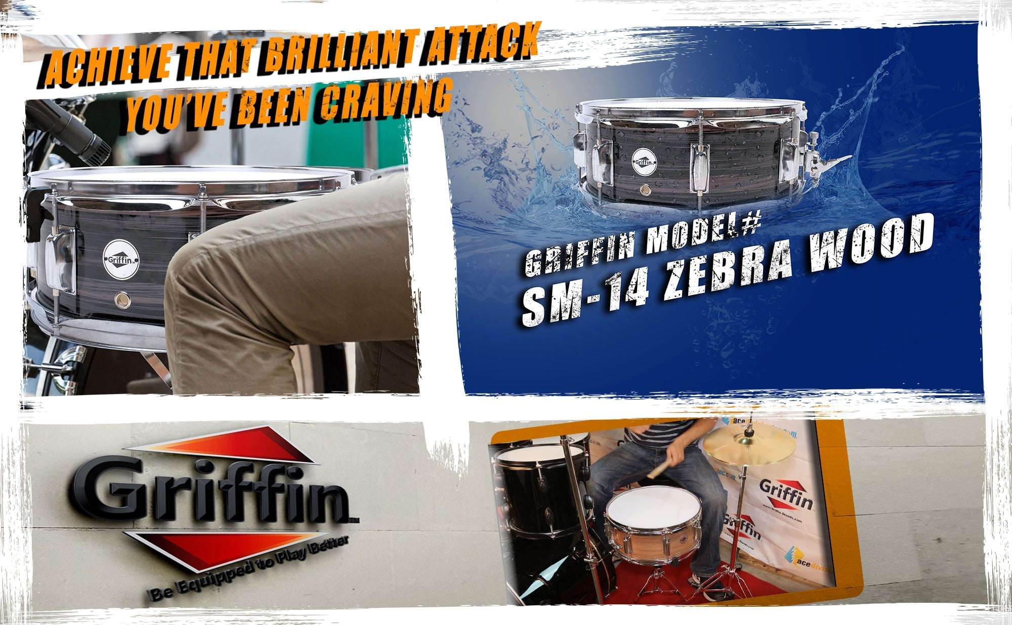 Snare Drum by GRIFFIN - 14" x 5.5" Poplar Wood Shell with Zebra PVC Glossy Finish - Percussion Musical Instrument with Drummers Key for Students GeekStands.com