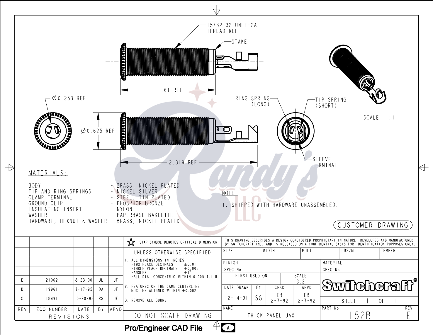 Switchcraft ¼" Input Jack - Thick Panel (Stereo) - Fits Gibson® Randy's LLC