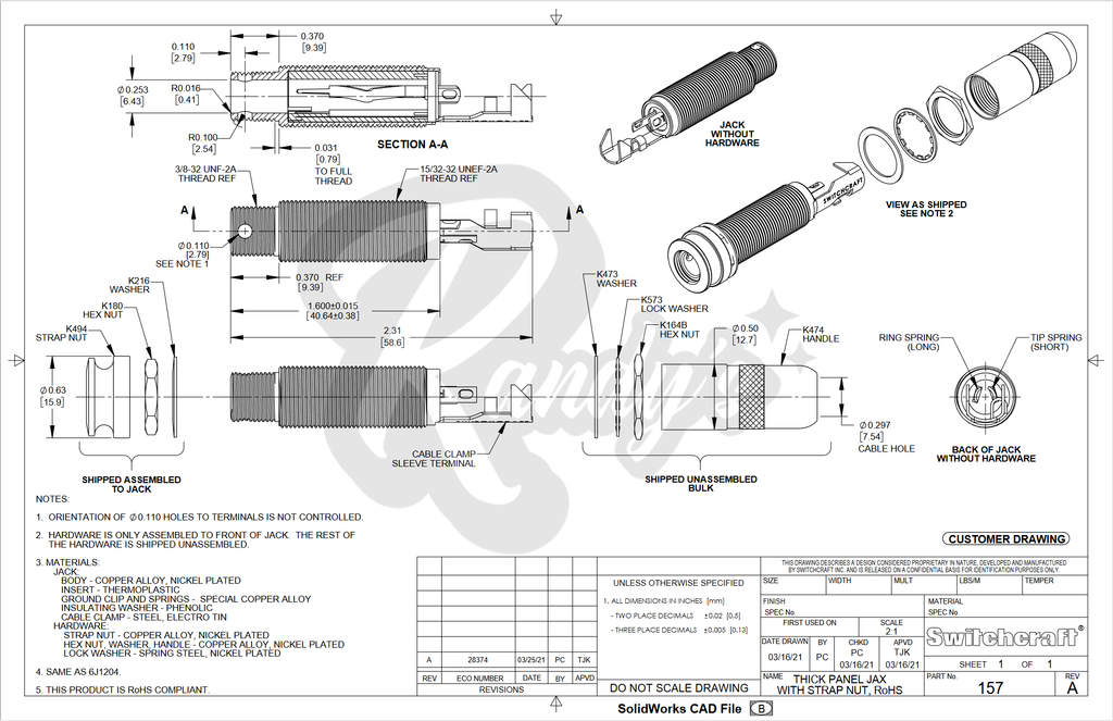 ¼" Acoustic End Pin Input Jack (Stereo) for Gibson® Acoustic Guitars Randy's LLC