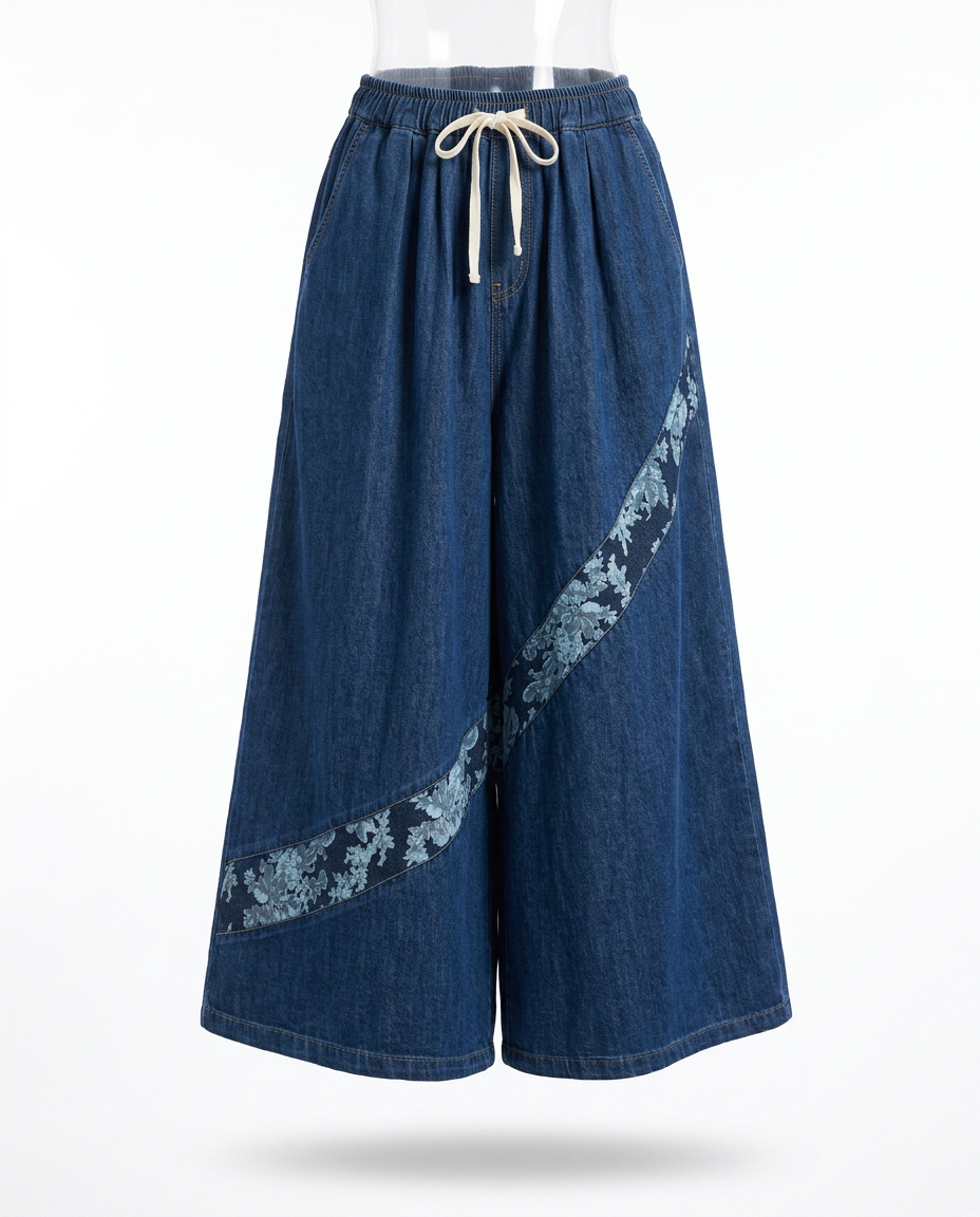 Unique Patchwork Wide Leg Trousers Boho Brown