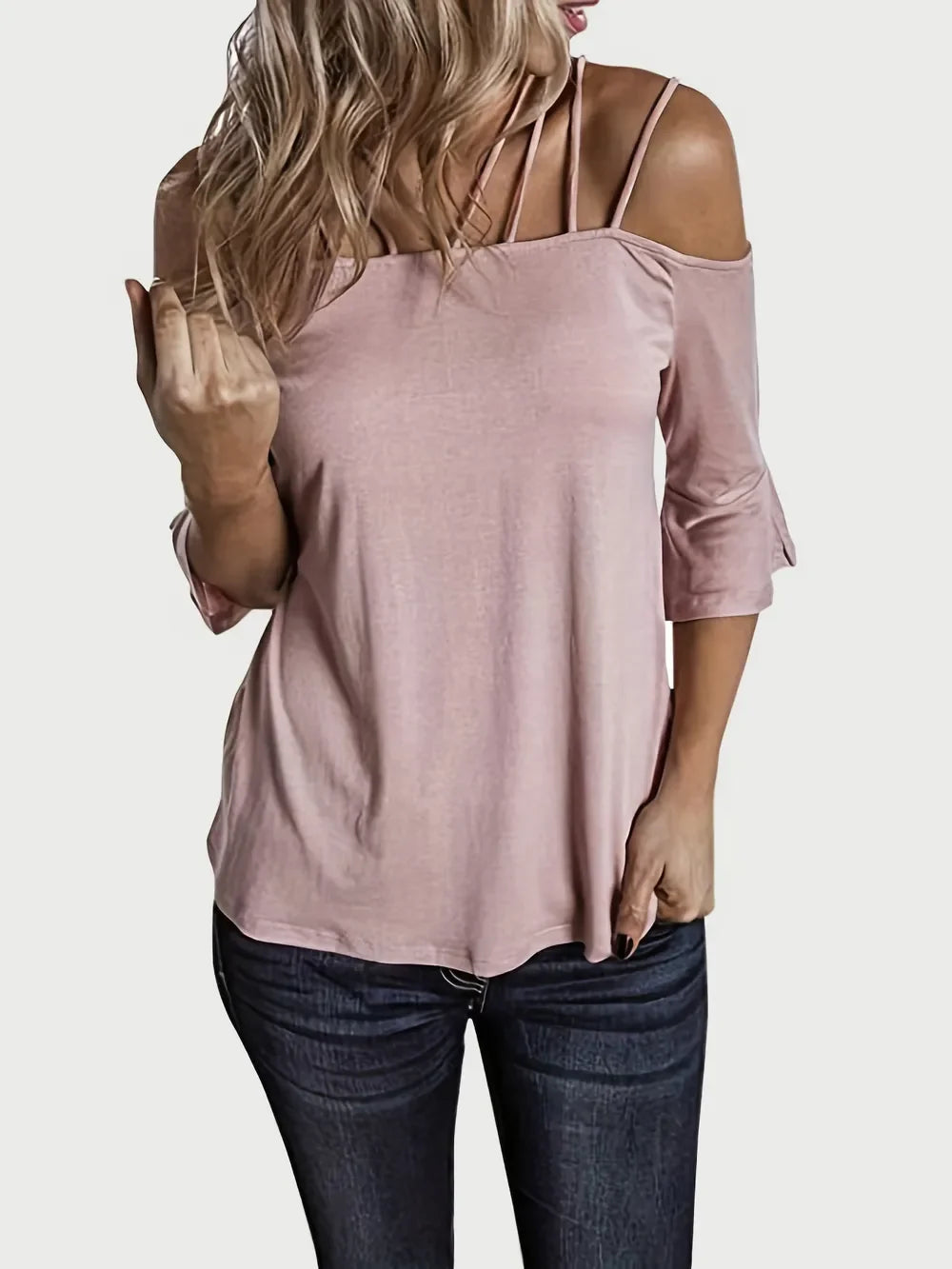 Women Full Size Cold Shoulder Three-Quarter Sleeve Blouse NicholesGifts