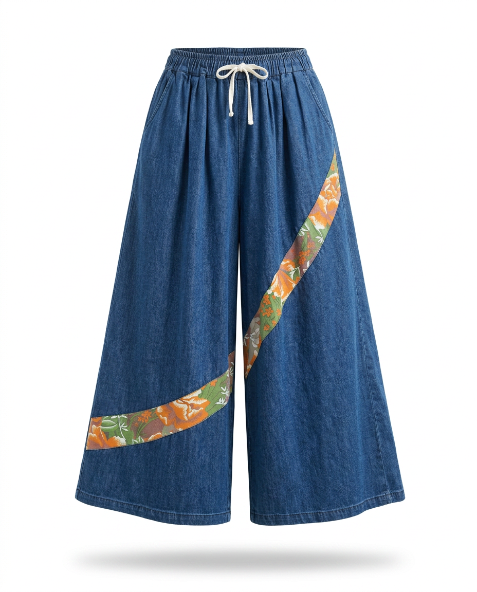 Unique Patchwork Wide Leg Trousers Boho Brown