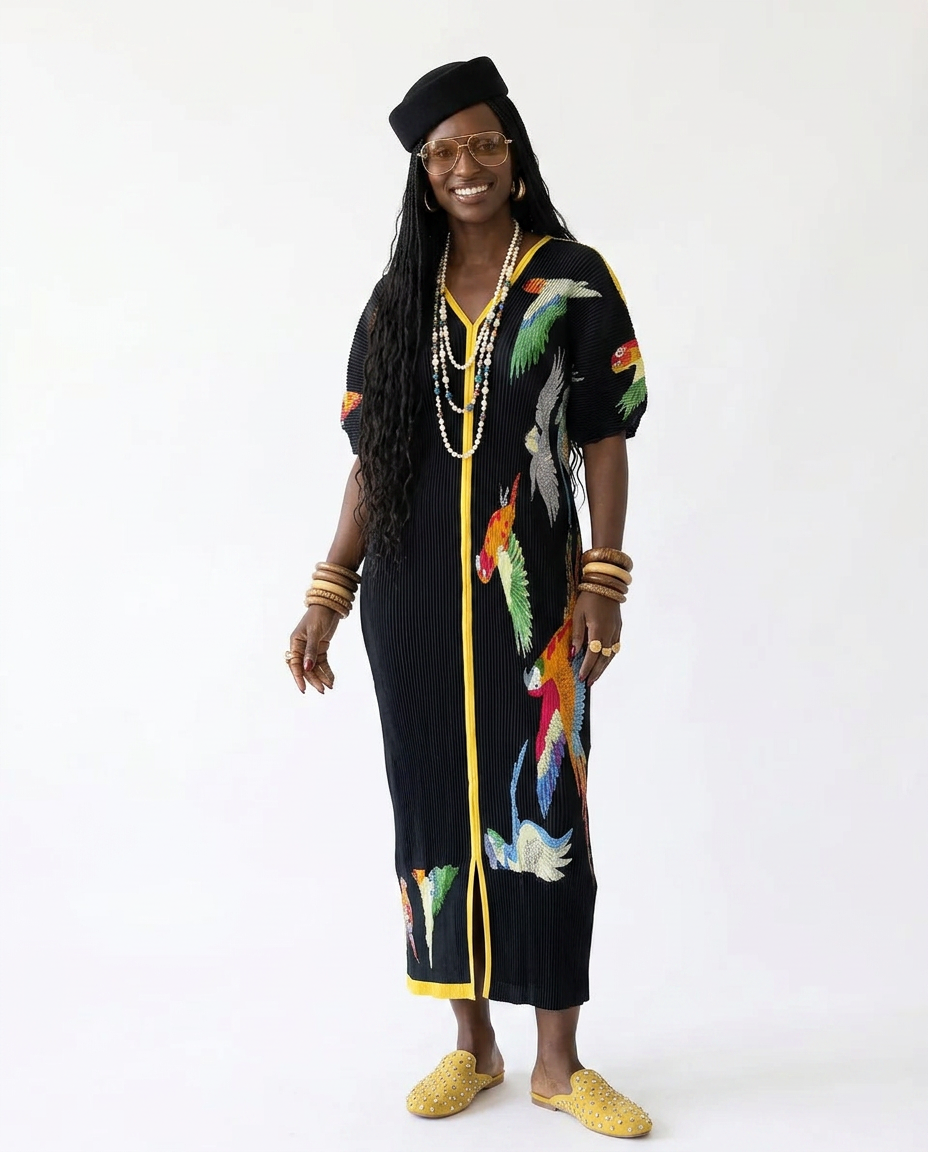 Spirited Pleated Bird Print Kaftan Dress Boho Brown