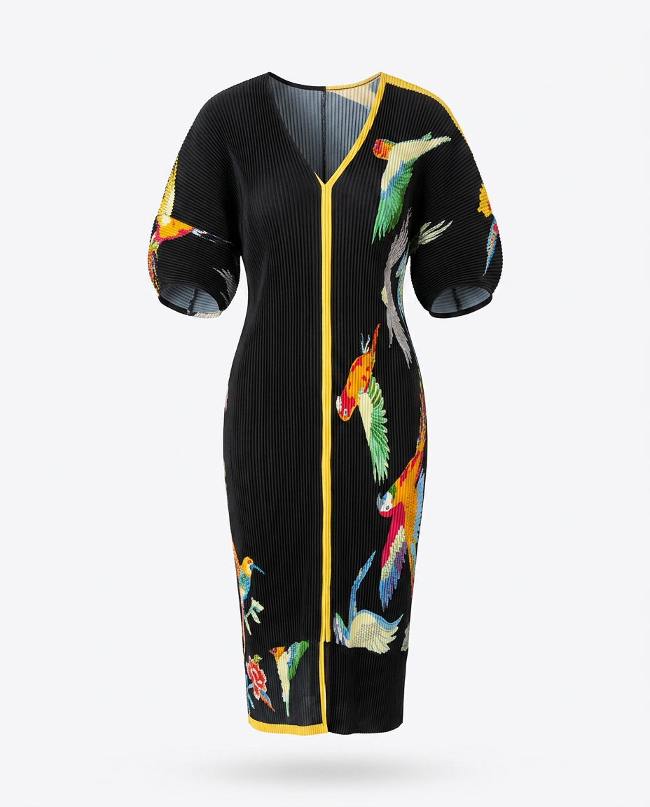 Spirited Pleated Bird Print Kaftan Dress Boho Brown