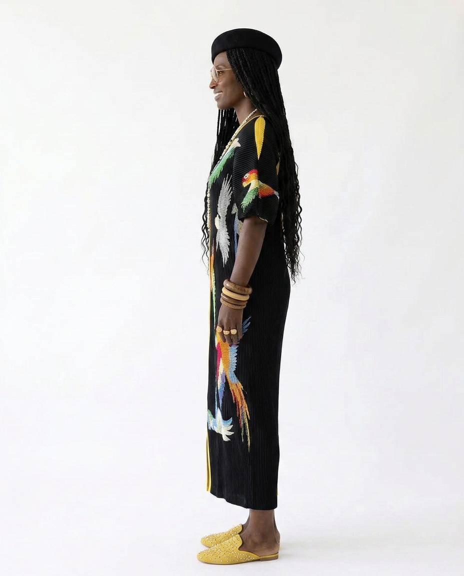 Spirited Pleated Bird Print Kaftan Dress Boho Brown