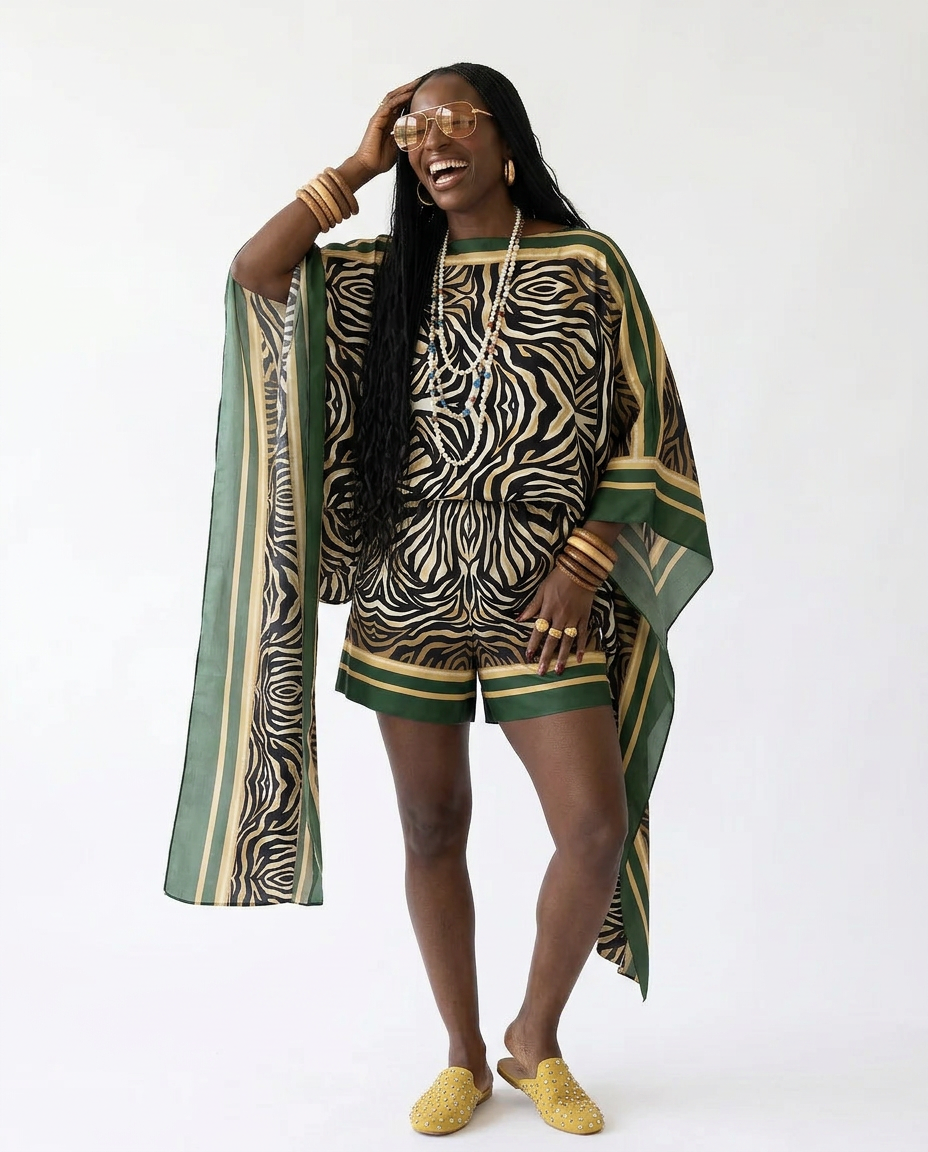 Audacious Zebra Print Kaftan Set Boho Brown
