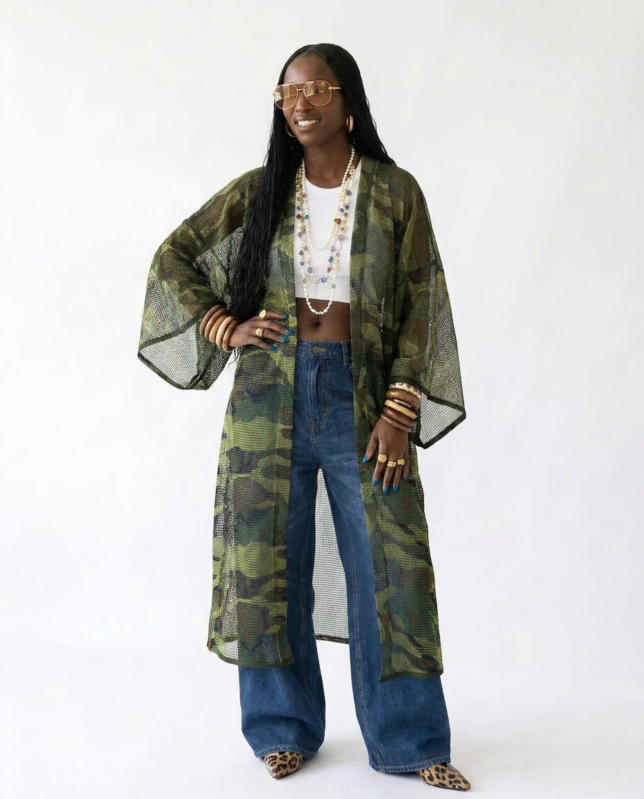Boundless Camo Mesh Maxi Kimono Boho Brown