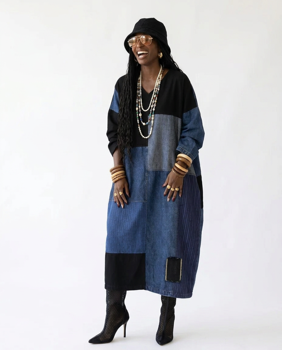 Untamed Patchwork Denim Maxi Dress Boho Brown