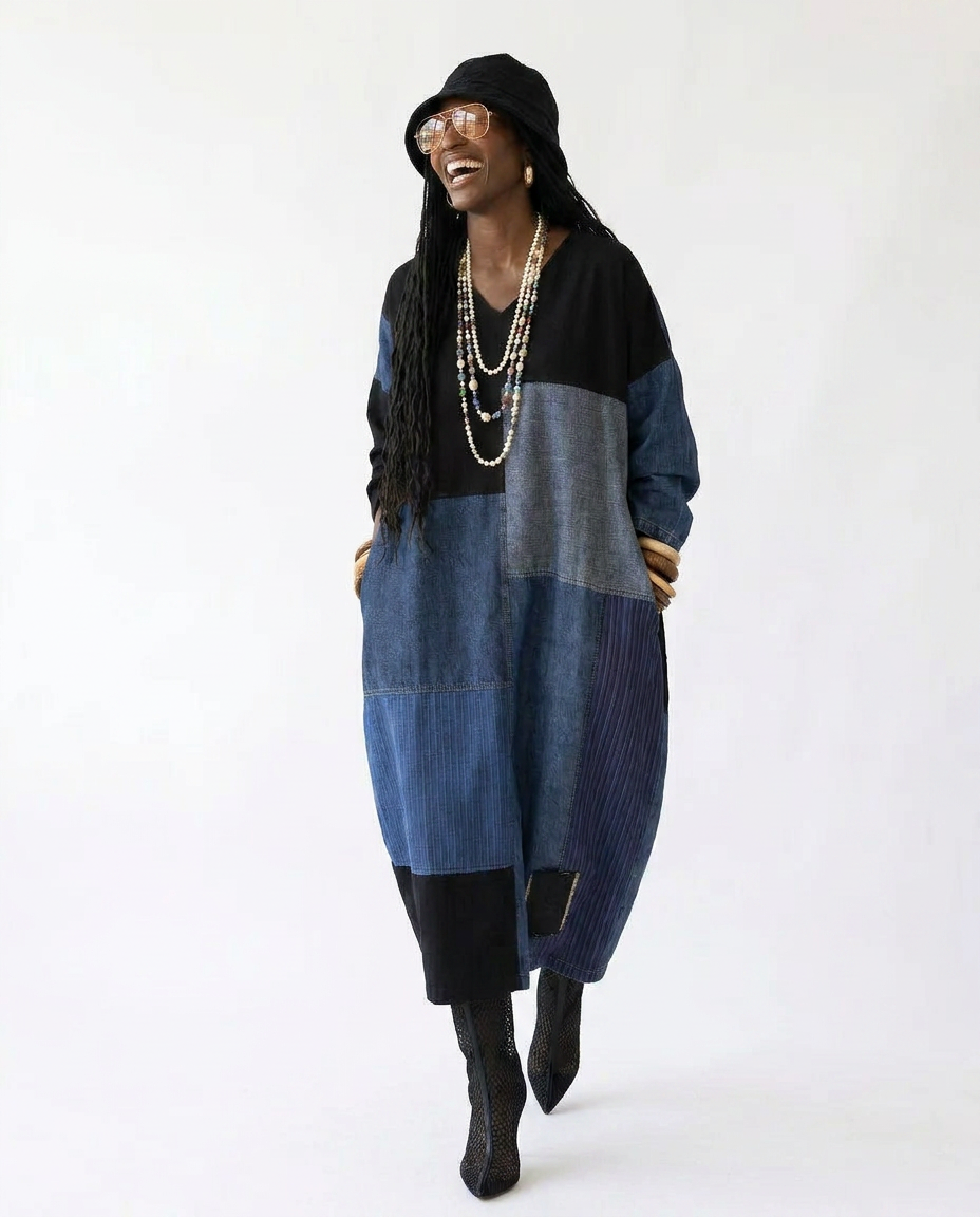 Untamed Patchwork Denim Maxi Dress Boho Brown