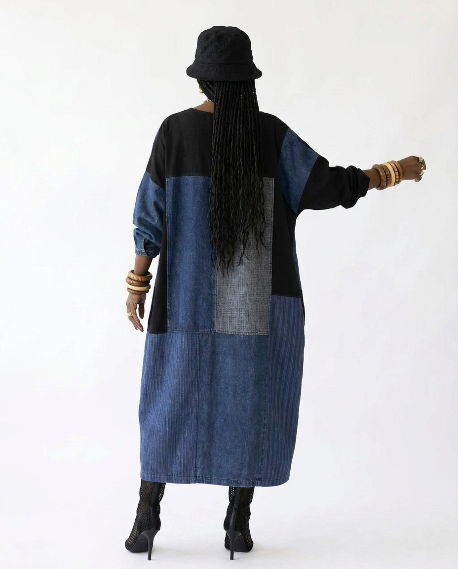 Untamed Patchwork Denim Maxi Dress Boho Brown