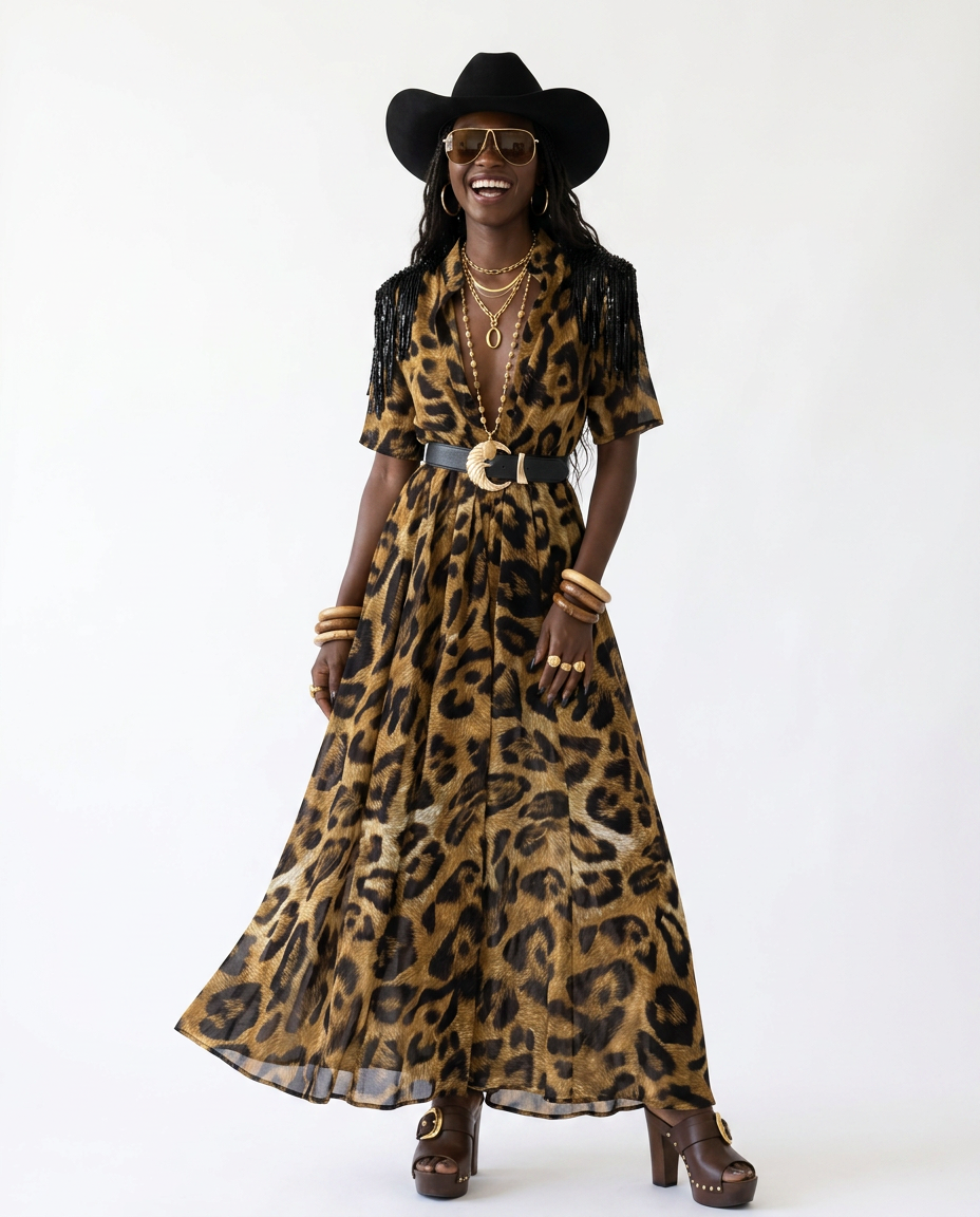 Fierce Leopard Print Maxi Dress Boho Brown