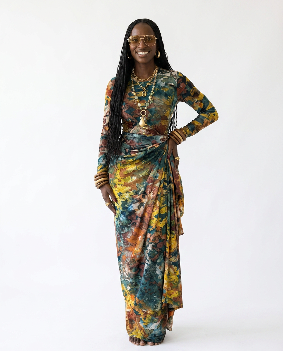 Vibrant Tie Dye Ruched Maxi Dress Boho Brown