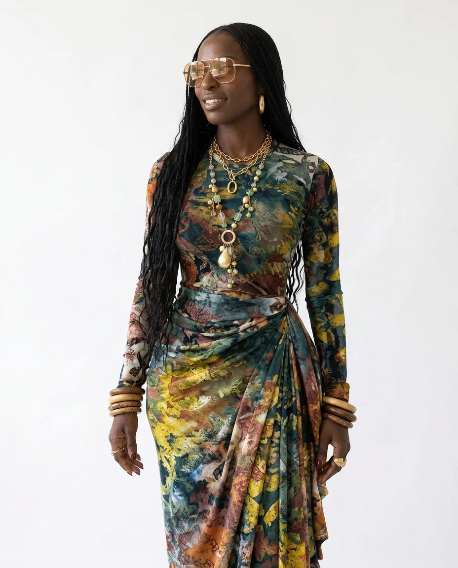 Vibrant Tie Dye Ruched Maxi Dress Boho Brown