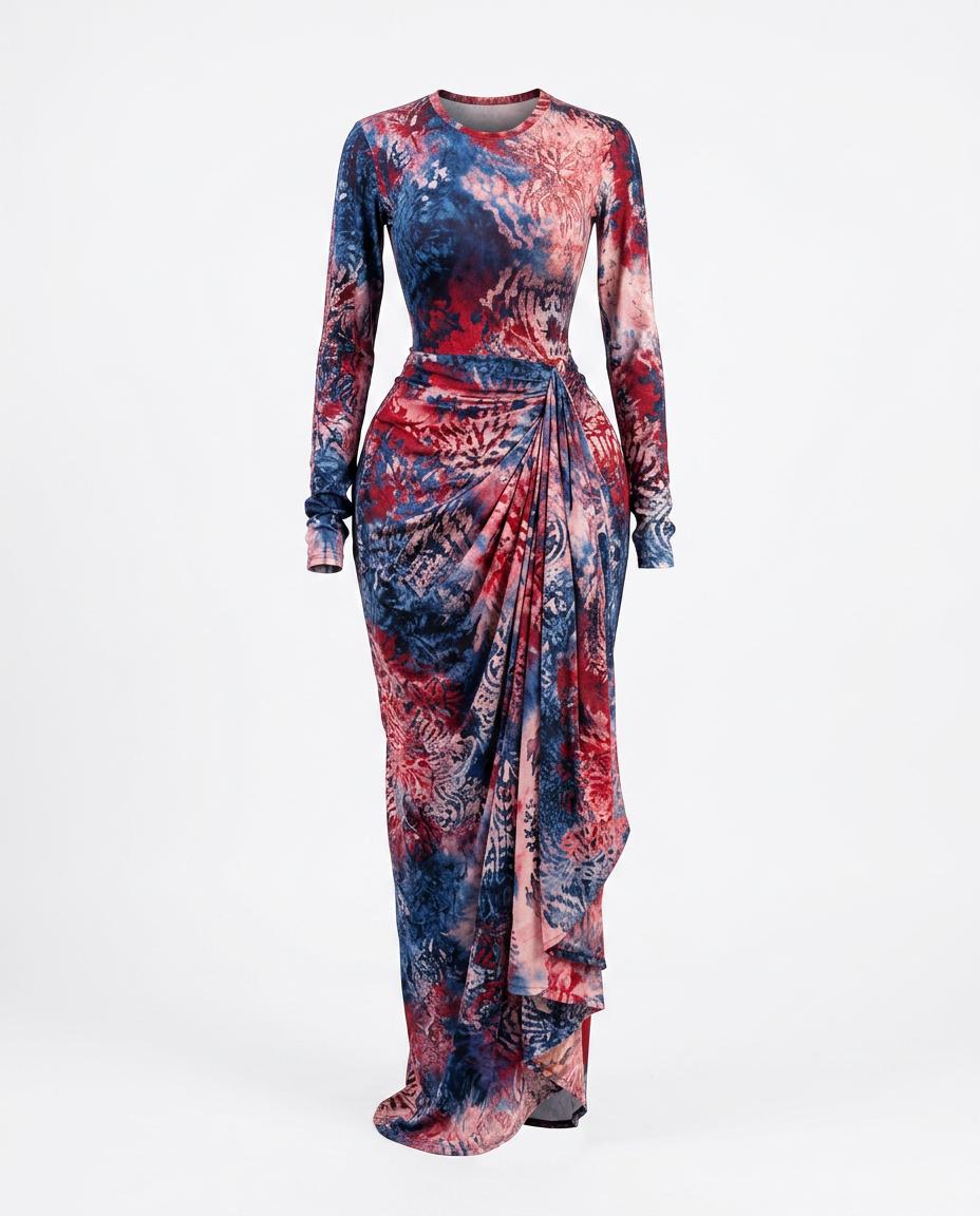 Vibrant Tie Dye Ruched Maxi Dress Boho Brown