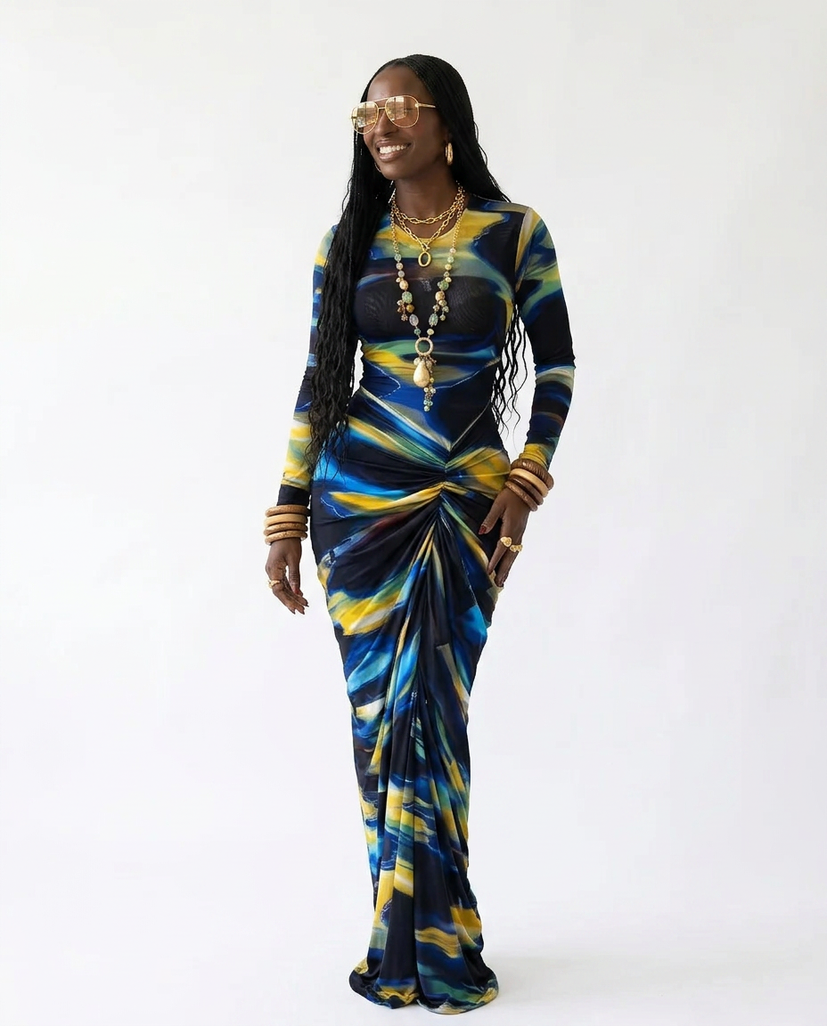 Vibrant Ruched Tie-Dye Maxi Dress Boho Brown