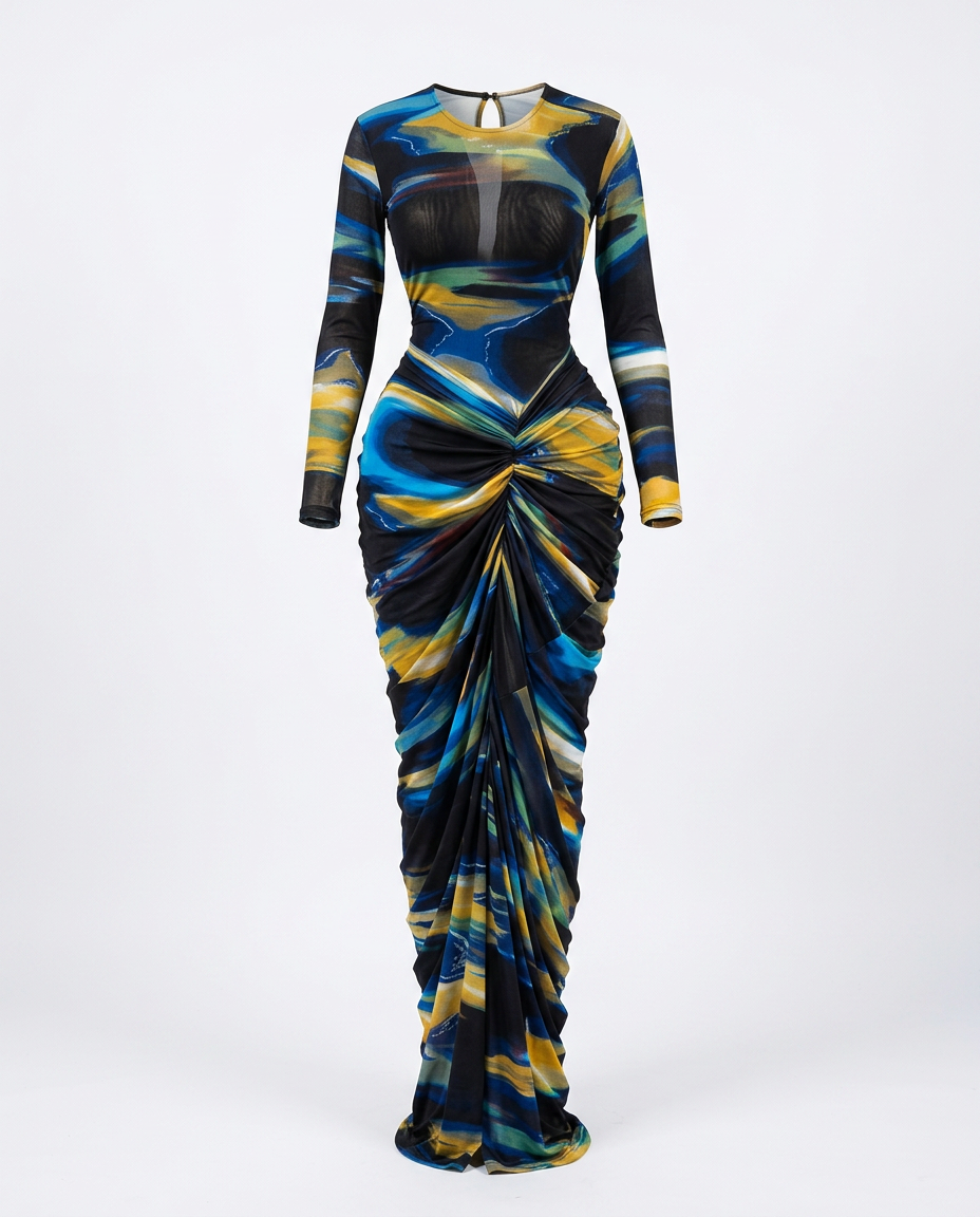 Vibrant Ruched Tie-Dye Maxi Dress Boho Brown