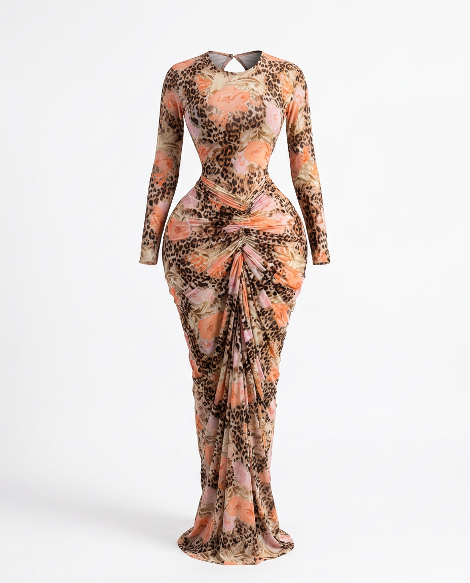 Vibrant Ruched Tie-Dye Maxi Dress Boho Brown