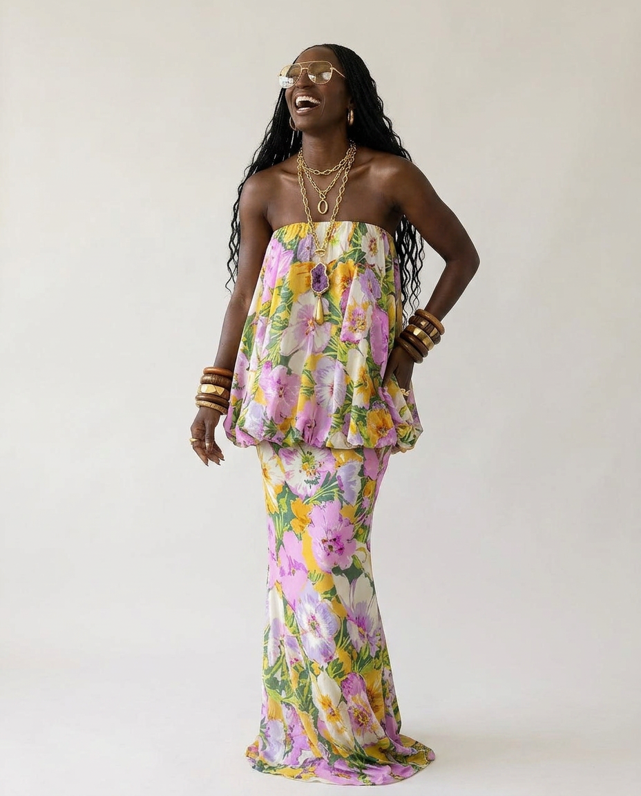 Worthy Floral Print Maxi Dress Boho Brown