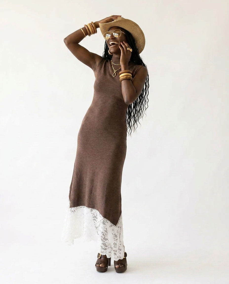 Divine Lace Patchwork Maxi Dress Boho Brown