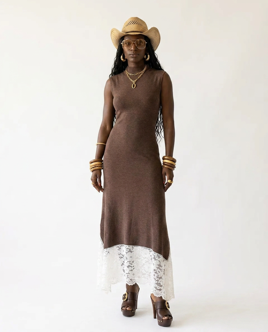 Divine Lace Patchwork Maxi Dress Boho Brown