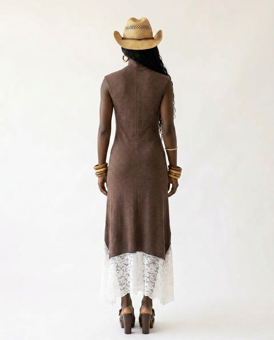 Divine Lace Patchwork Maxi Dress Boho Brown