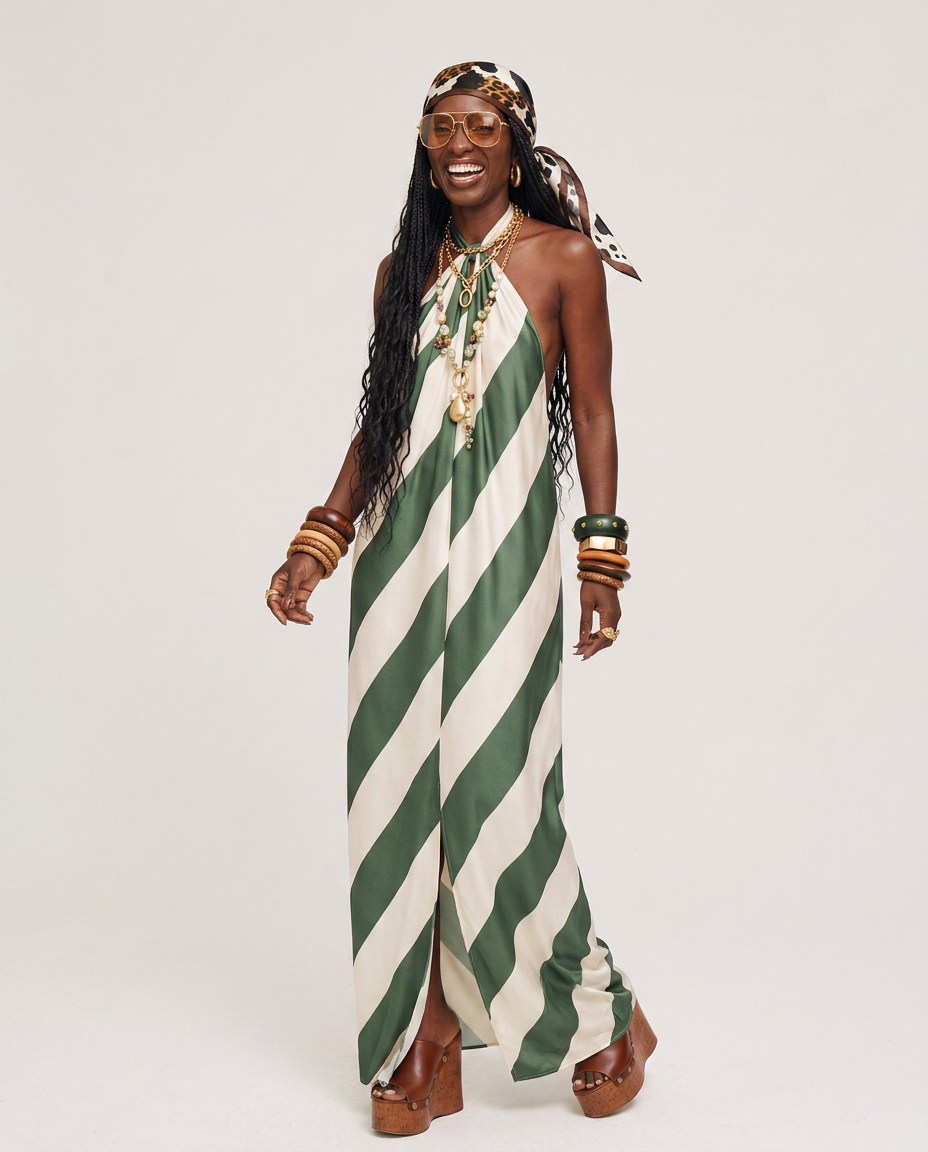 Liberated Striped Halter Maxi Dress Boho Brown