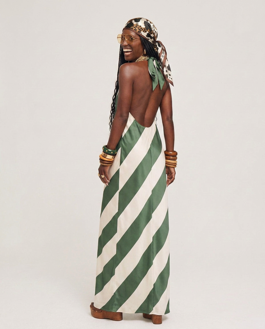 Liberated Striped Halter Maxi Dress Boho Brown