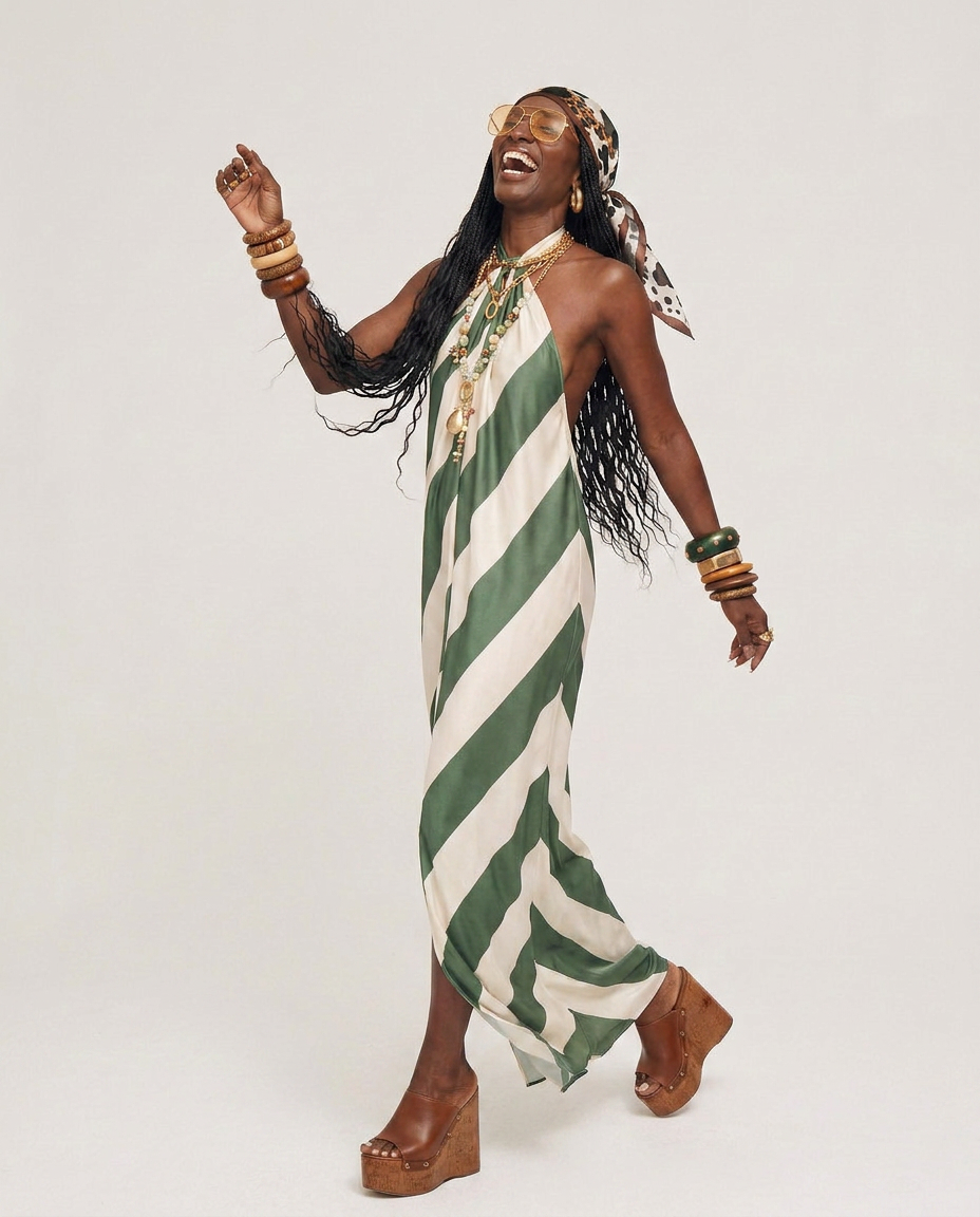 Liberated Striped Halter Maxi Dress Boho Brown