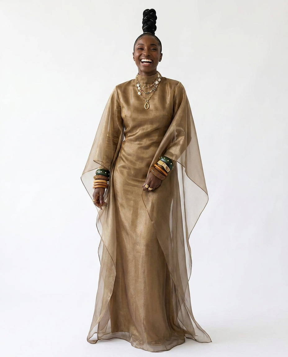 Radiant Sheer Metallic Maxi Dress Boho Brown