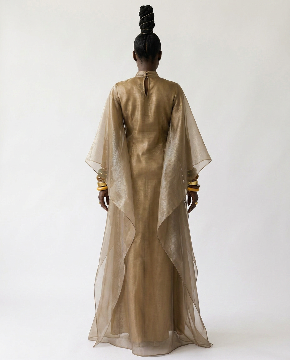 Radiant Sheer Metallic Maxi Dress Boho Brown