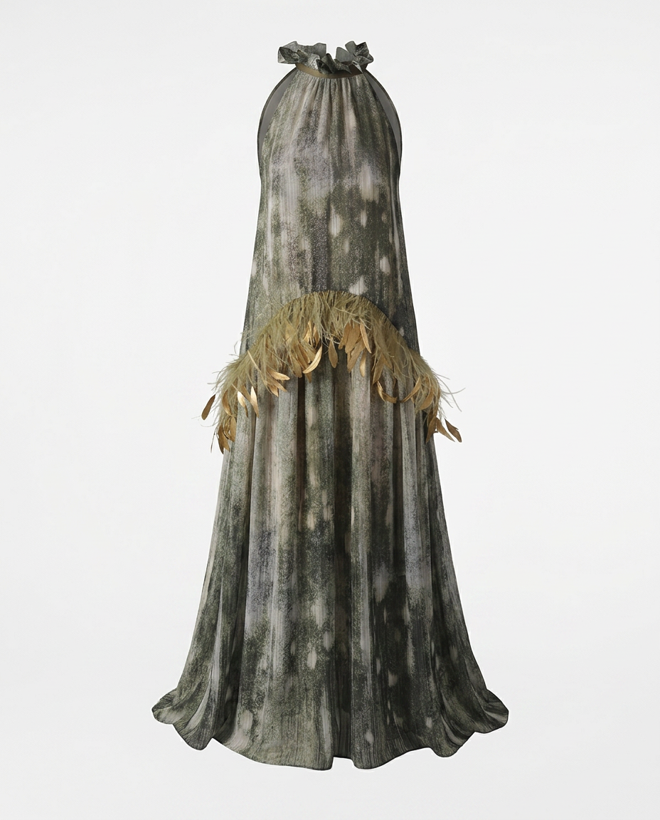 Wild Heart Feather Halter Maxi Dress Boho Brown