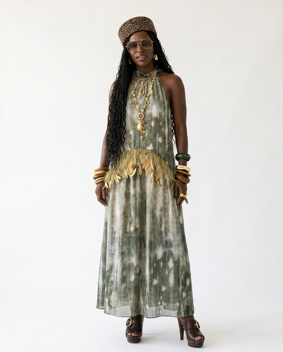 Wild Heart Feather Halter Maxi Dress Boho Brown