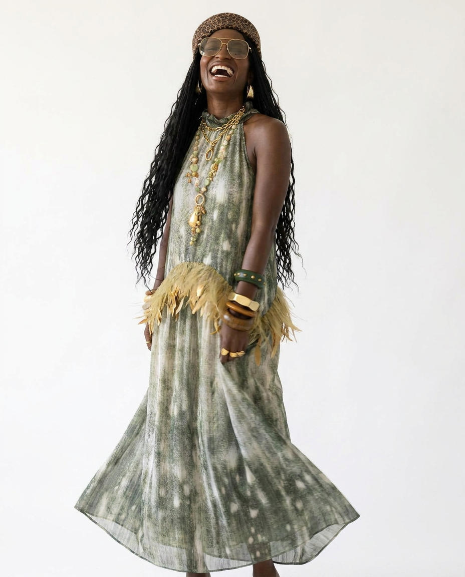 Wild Heart Feather Halter Maxi Dress Boho Brown