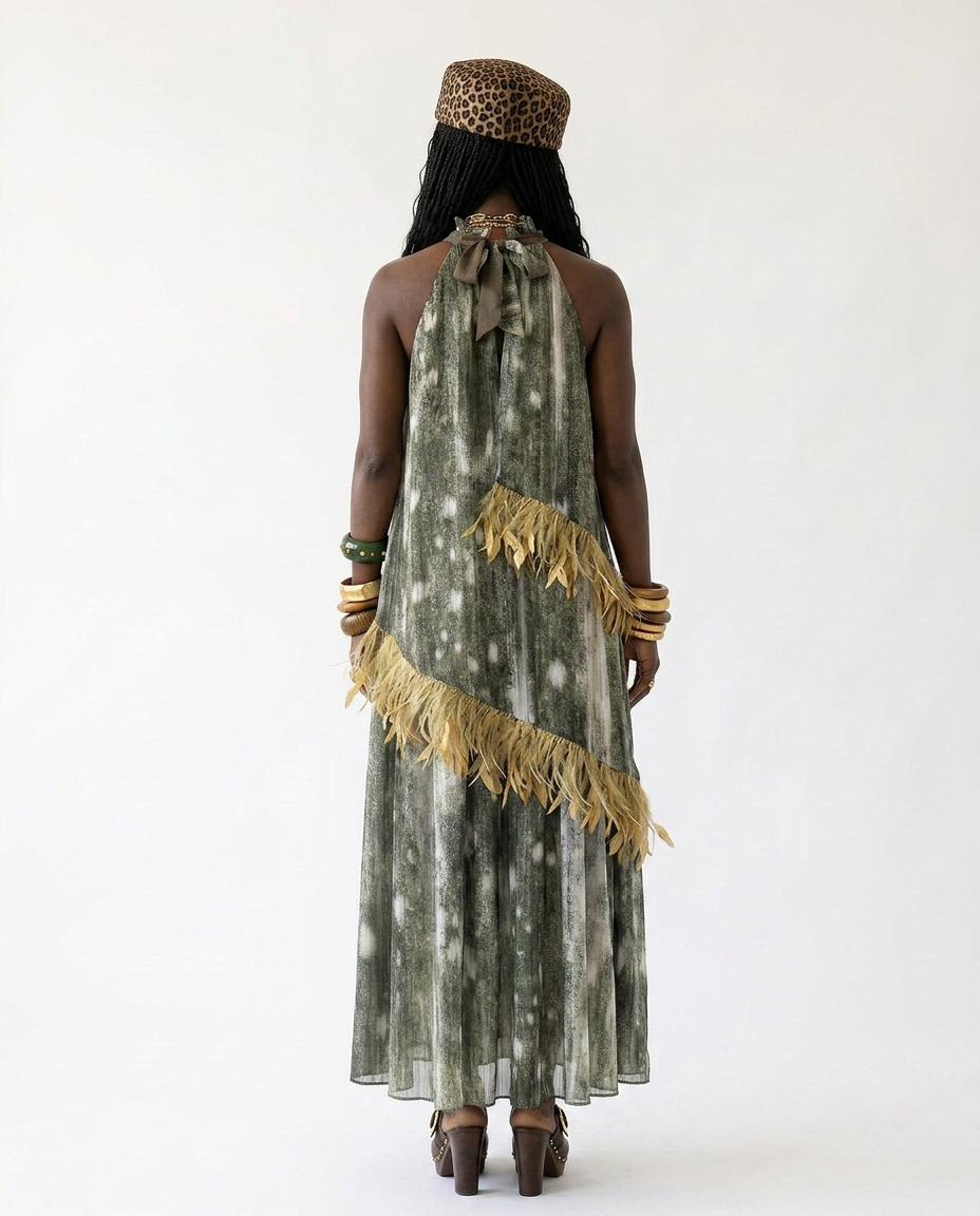 Wild Heart Feather Halter Maxi Dress Boho Brown