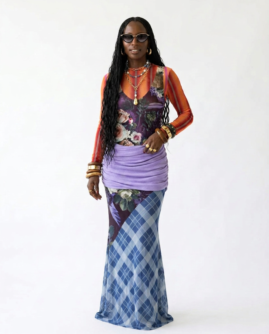 Resilient Plaid Patchwork Mesh Maxi Dress Boho Brown