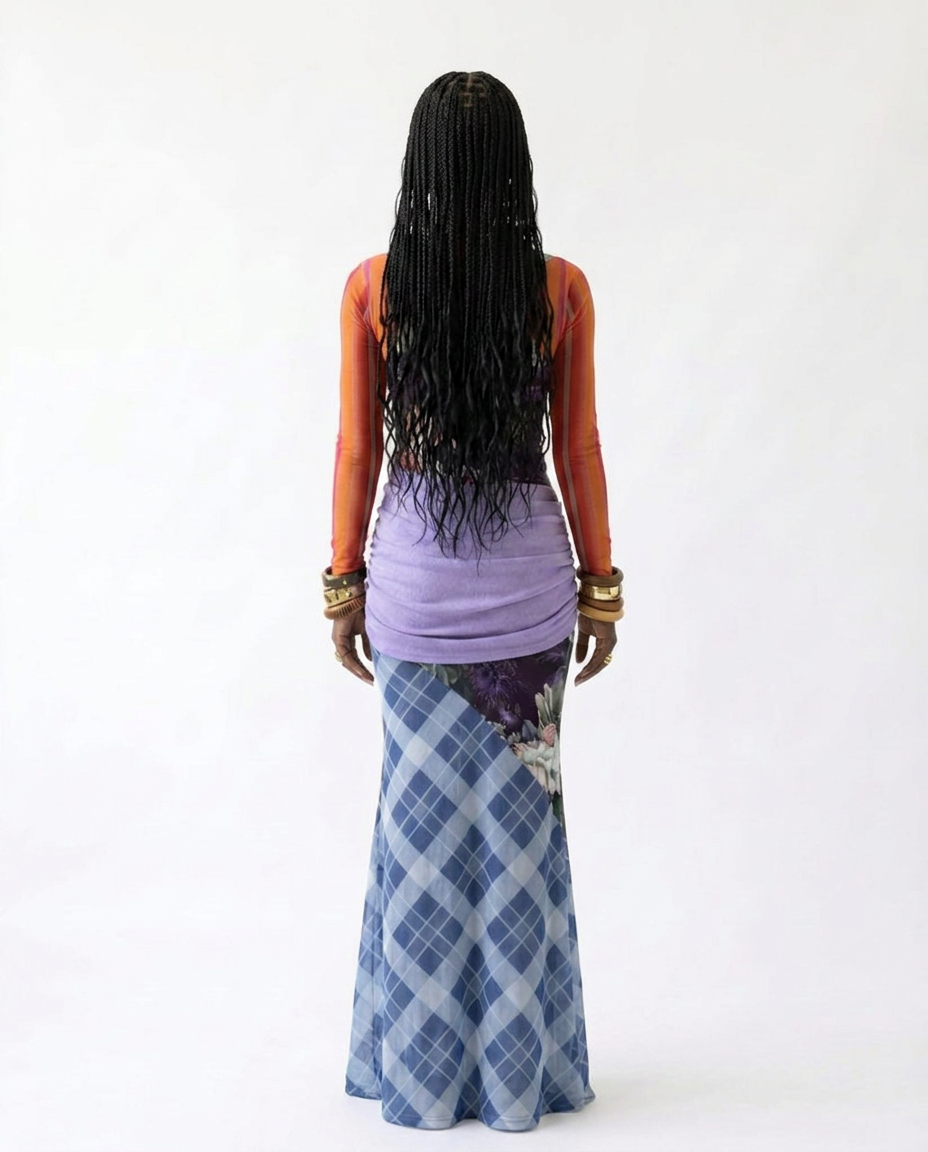 Resilient Plaid Patchwork Mesh Maxi Dress Boho Brown
